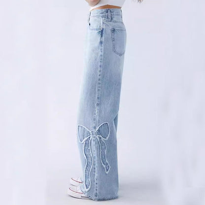 Women's Straight Trousers Embroidered Side Frayed Butterfly Jeans Street Design Hot Girl Baggy Pants EHAD +