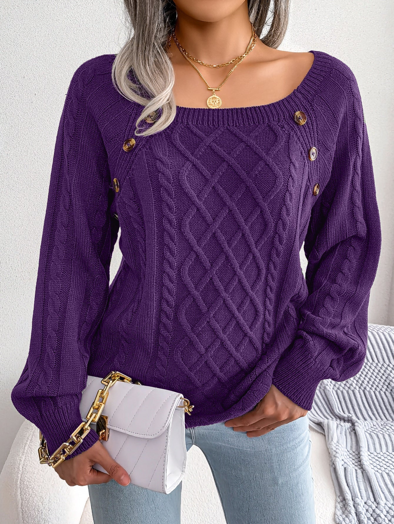Square Neck Knitted Sweater With Button Design Winter Warm Long Sleeve Tops Women's Clothing EHAD +