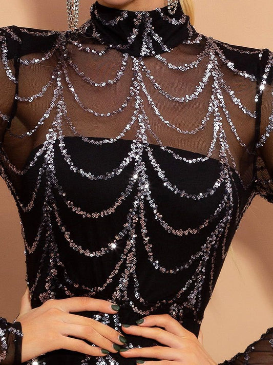 Sequins Women Maxi Dresses Long Sleeve Female Party Dresses EHAD +