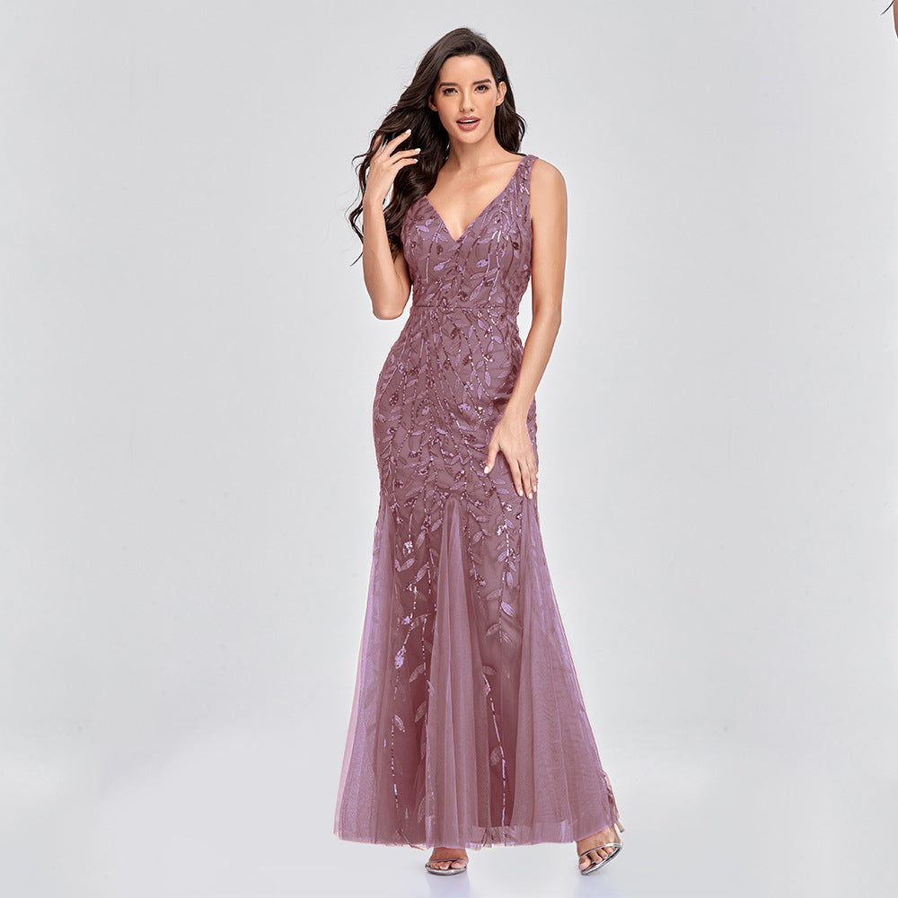 Sexy Long Dress Sleeveless V-neck Embroidered Sequin Slim Mermaid Dress EHAD +