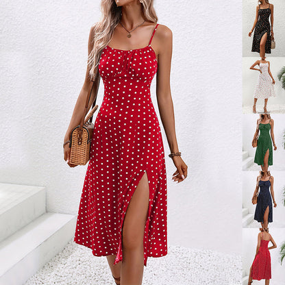 New Polka Dot Print Suspender Dress Summer Sexy Split Long Dresses For Womens Clothing EHAD +