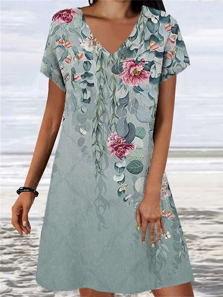 Women's Loose Floral Retro Print Dress EHAD +