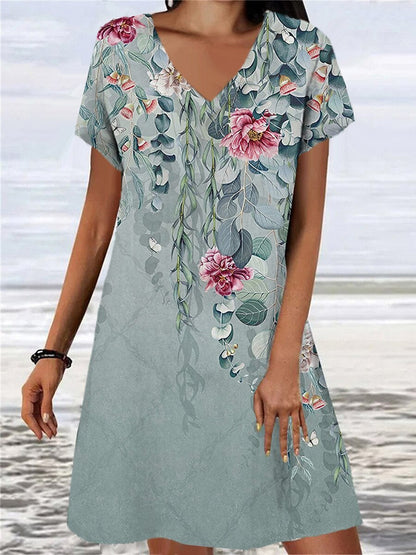 Women's Loose Floral Retro Print Dress EHAD +