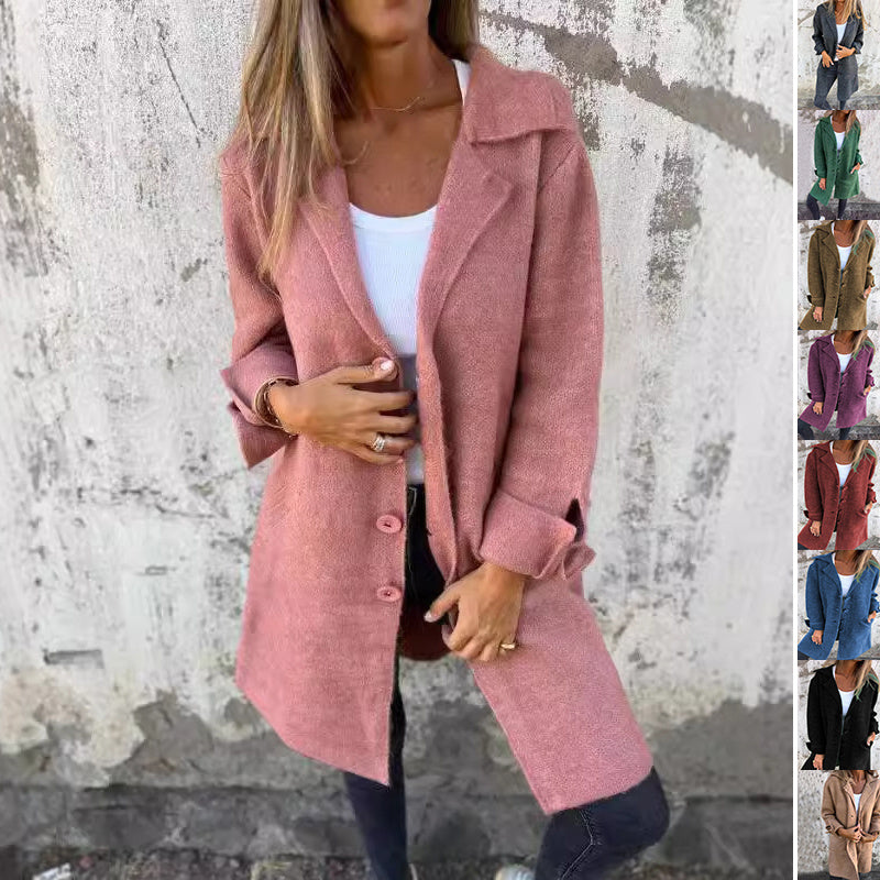 Lapel Single Breasted Cardigan With Pockets Fashion Color Solid Mid-Length Outwear Coat Womens Clothing EHAD +