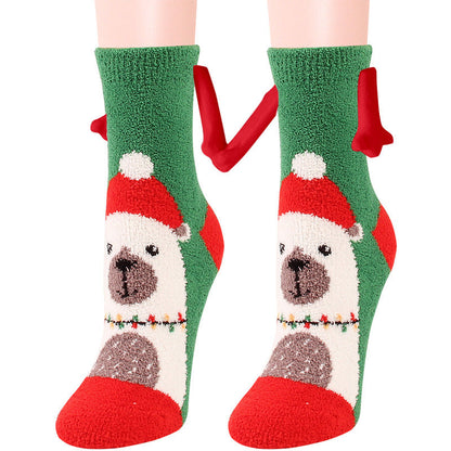 Christmas Supplies Magnetic Suction Hand In Hand Couple Socks Coral Fleece Tube Socks Warm Slipper Bed Socks Winter Soft Warm Slipper EHAD +