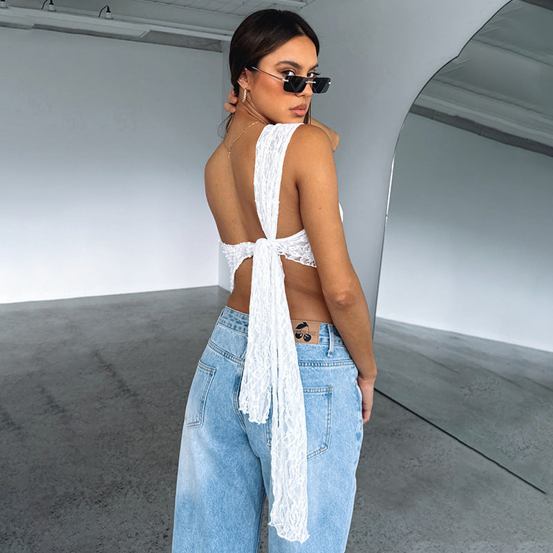 Ins Lace Backless Top Summer Solid Color Waistless Asymmetrical Sloped Neck Vest Streetwear Womens Clothes EHAD +