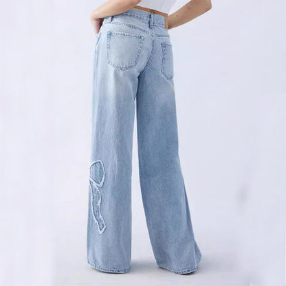 Women's Straight Trousers Embroidered Side Frayed Butterfly Jeans Street Design Hot Girl Baggy Pants EHAD +