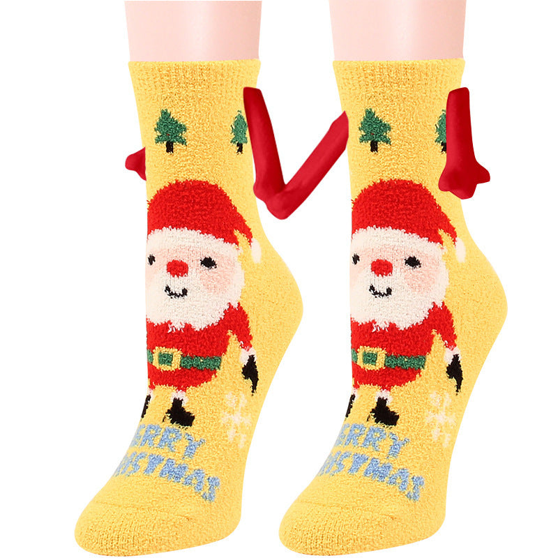 Christmas Supplies Magnetic Suction Hand In Hand Couple Socks Coral Fleece Tube Socks Warm Slipper Bed Socks Winter Soft Warm Slipper EHAD +