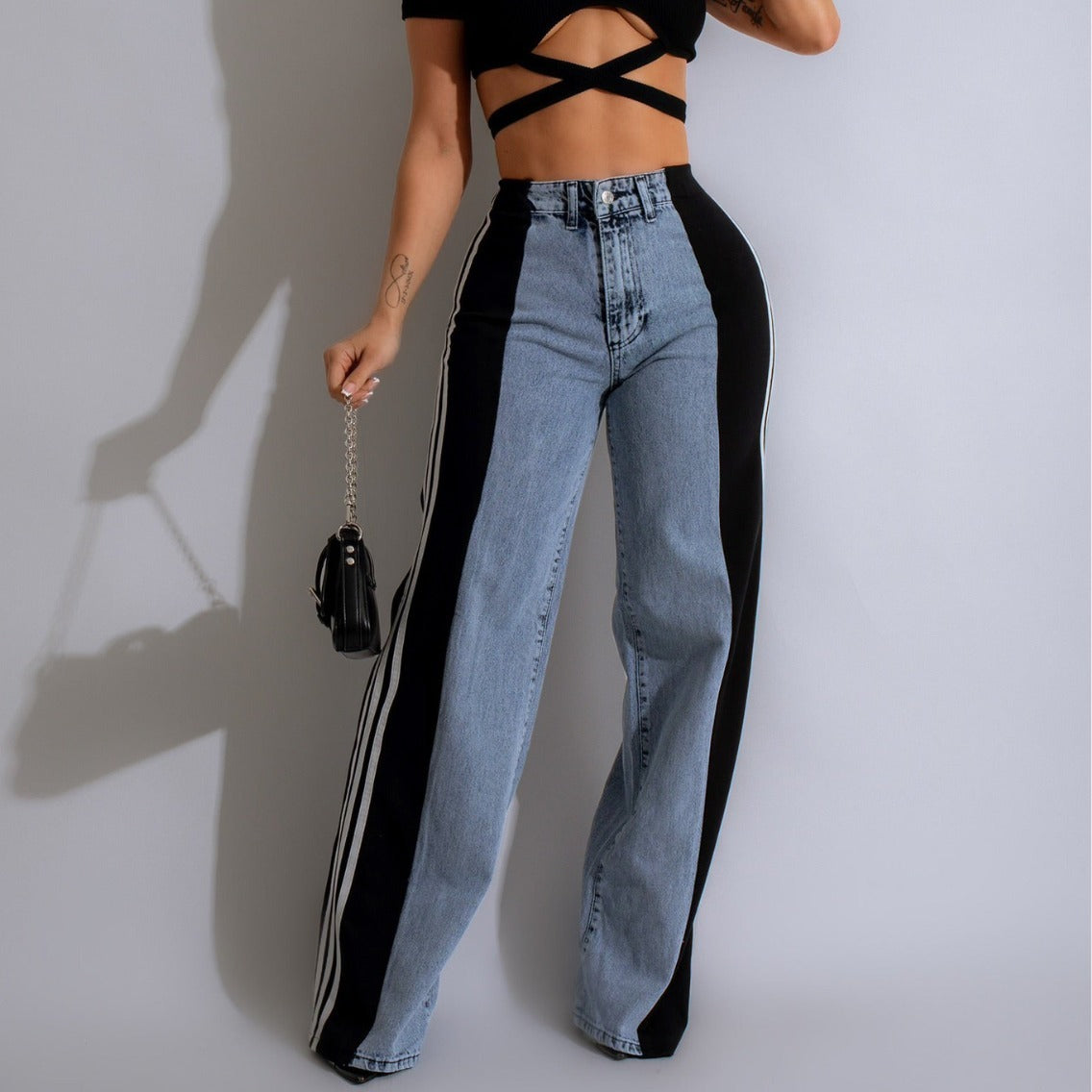 2024 Fashion Casual High Waist Elastic Straight Leg Trousers Three Stripe Patchwork Denim Wide Leg Pants Streetwear EHAD +