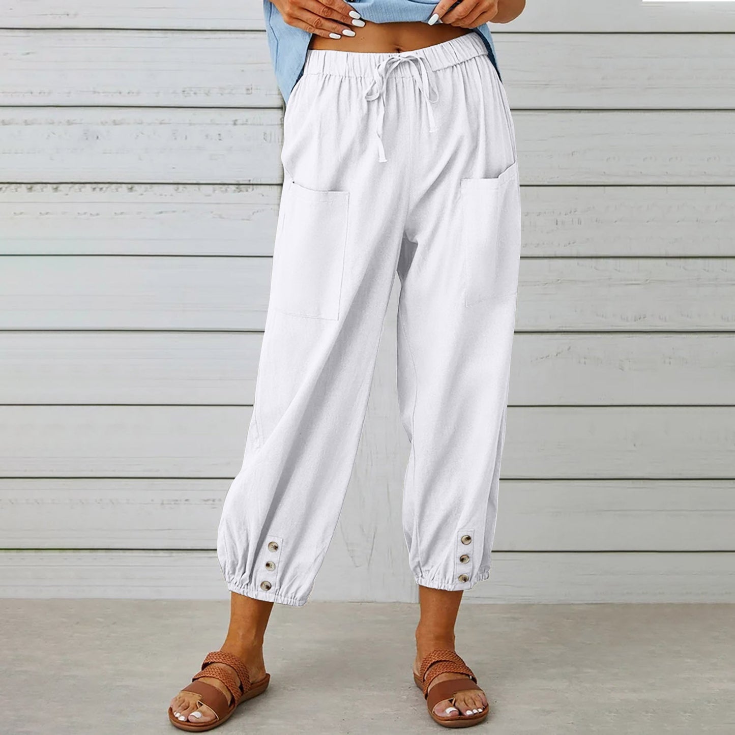 Women Drawstring Tie Pants Spring Summer Cotton And Linen Trousers With Pockets Button EHAD +