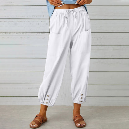 Women Drawstring Tie Pants Spring Summer Cotton And Linen Trousers With Pockets Button EHAD +