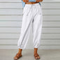 Women Drawstring Tie Pants Spring Summer Cotton And Linen Trousers With Pockets Button EHAD +