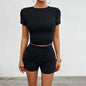 Solid Color Slim Sports Suit Summer 2Pcs Short-sleeved Round Neck T-shirt And Elastic Shorts Fashion Womens Clothing EHAD +
