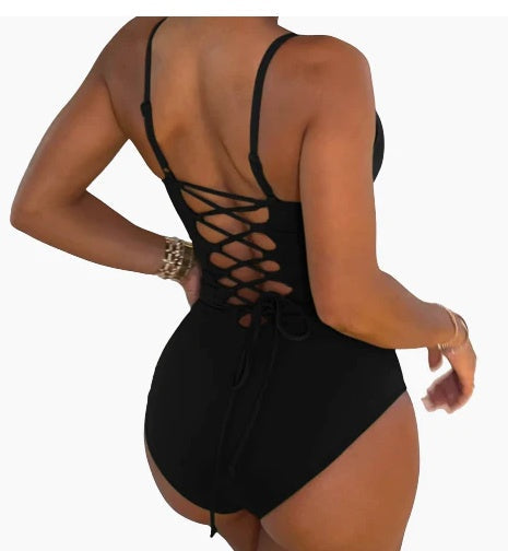 Summer Bikini Backless String Large Size Sexy Solid Color Triangle One-piece Swimsuit Womens Clothing EHAD +