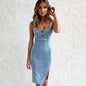 New U-neck Suspender Denim Dress Summer Casual Tight Slim Fit Dresses With Slit Design Womens Clothing EHAD +