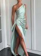Sexy One-shoulder Backless Slit Dress Summer Elegant Slim-fit Solid Color Satin Dresses For Women EHAD +