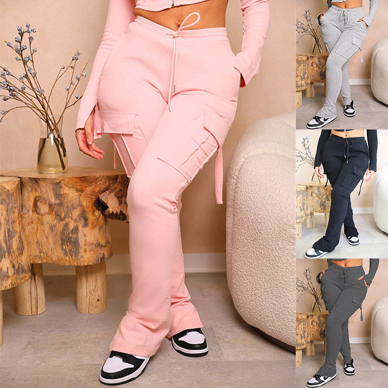 Cargo Pants With Pockets High Waist Drawstring Wide Leg Straight Trousers For Women Overalls EHAD +