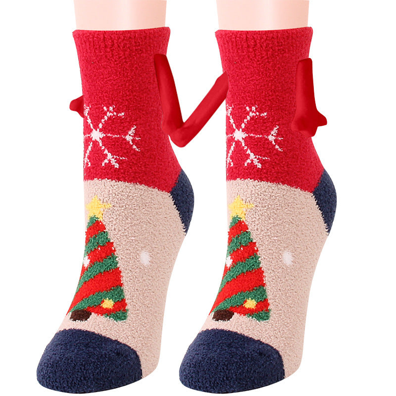 Christmas Supplies Magnetic Suction Hand In Hand Couple Socks Coral Fleece Tube Socks Warm Slipper Bed Socks Winter Soft Warm Slipper EHAD +