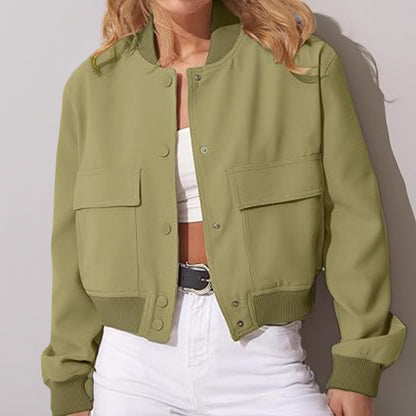 Fashion Button Stand-collar Jacket With Big Pockets Casual Loose Short Outwear Tops Coat For Women Clothing EHAD +