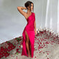 Sexy One-shoulder Backless Slit Dress Summer Elegant Slim-fit Solid Color Satin Dresses For Women EHAD +