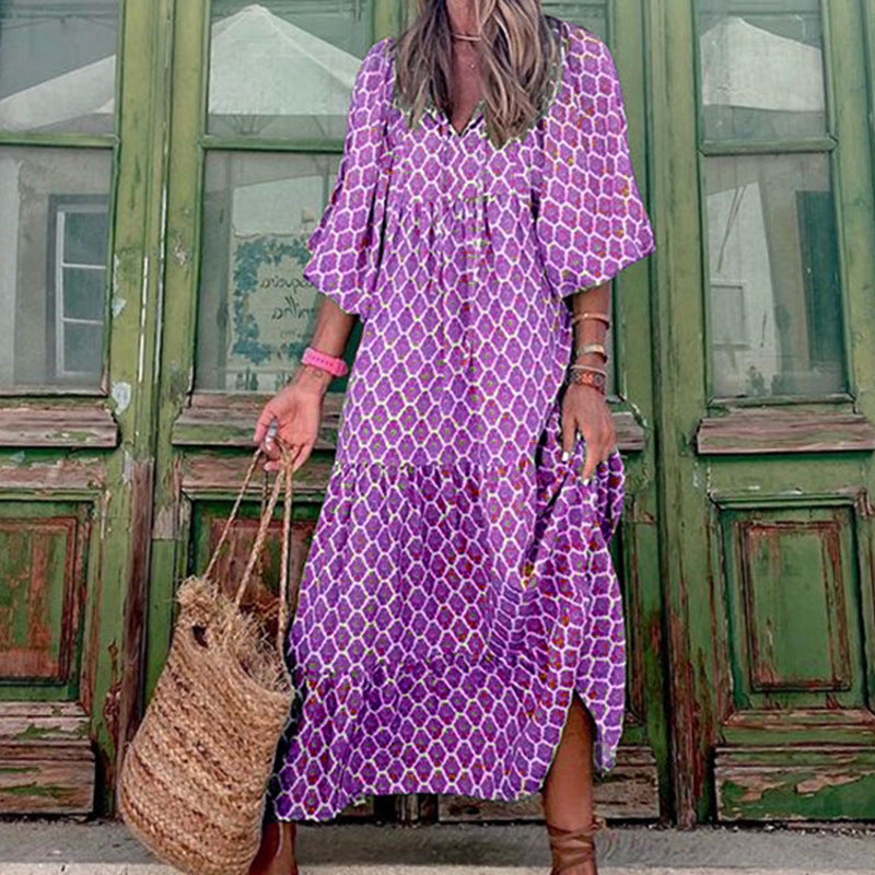 Summer Women's Vintage Printed Bohemian Dress Elegant Ladies Casual Loose V-Neck Short Sleeve Long Dresses EHAD +