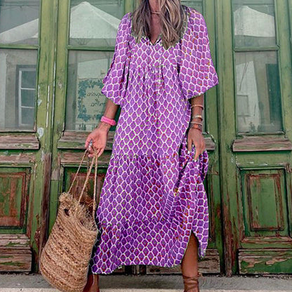 Summer Women's Vintage Printed Bohemian Dress Elegant Ladies Casual Loose V-Neck Short Sleeve Long Dresses EHAD +