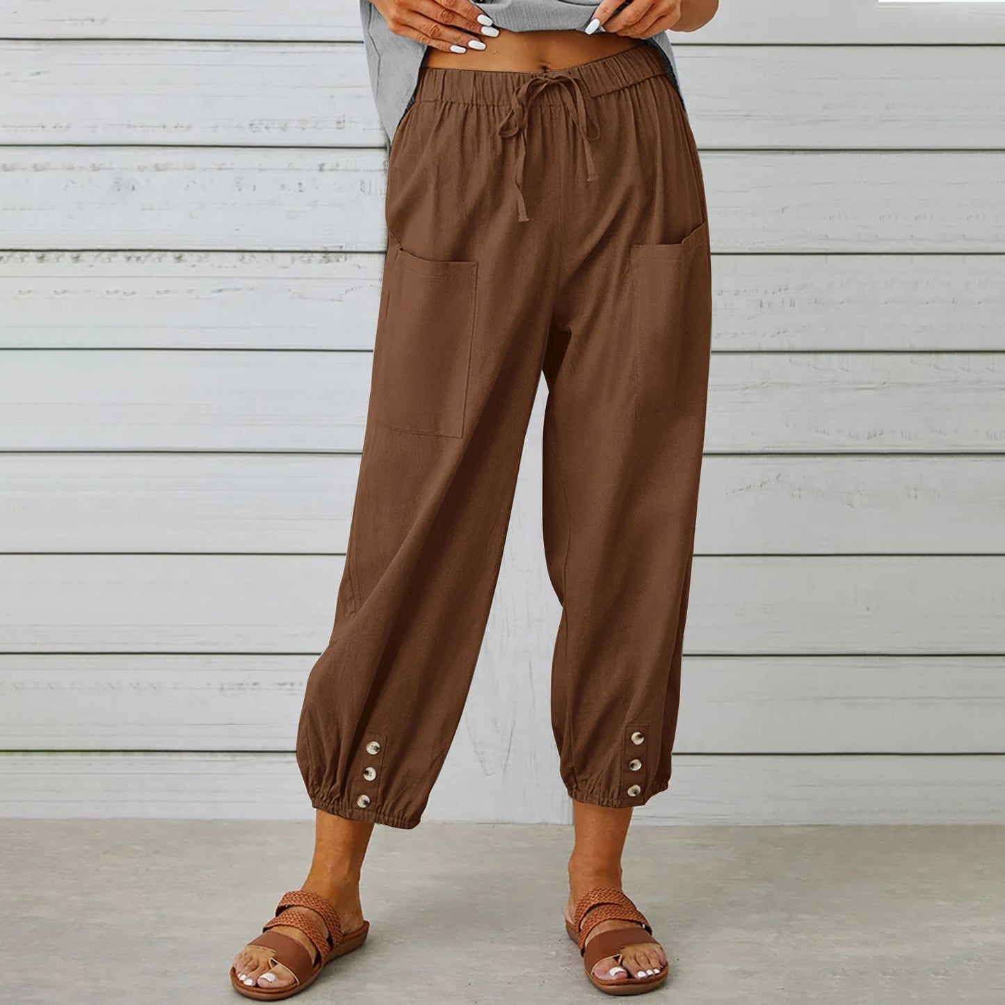 Women Drawstring Tie Pants Spring Summer Cotton And Linen Trousers With Pockets Button EHAD +