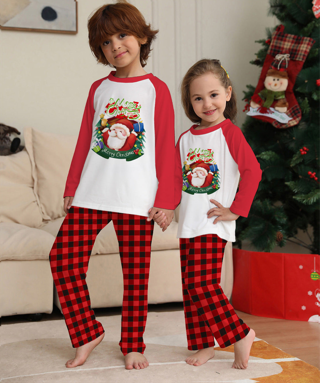Christmas Parent-Child Clothes Set Long Sleeve T-Shirt Plaid Pants Family Matching Pajamas EHAD +