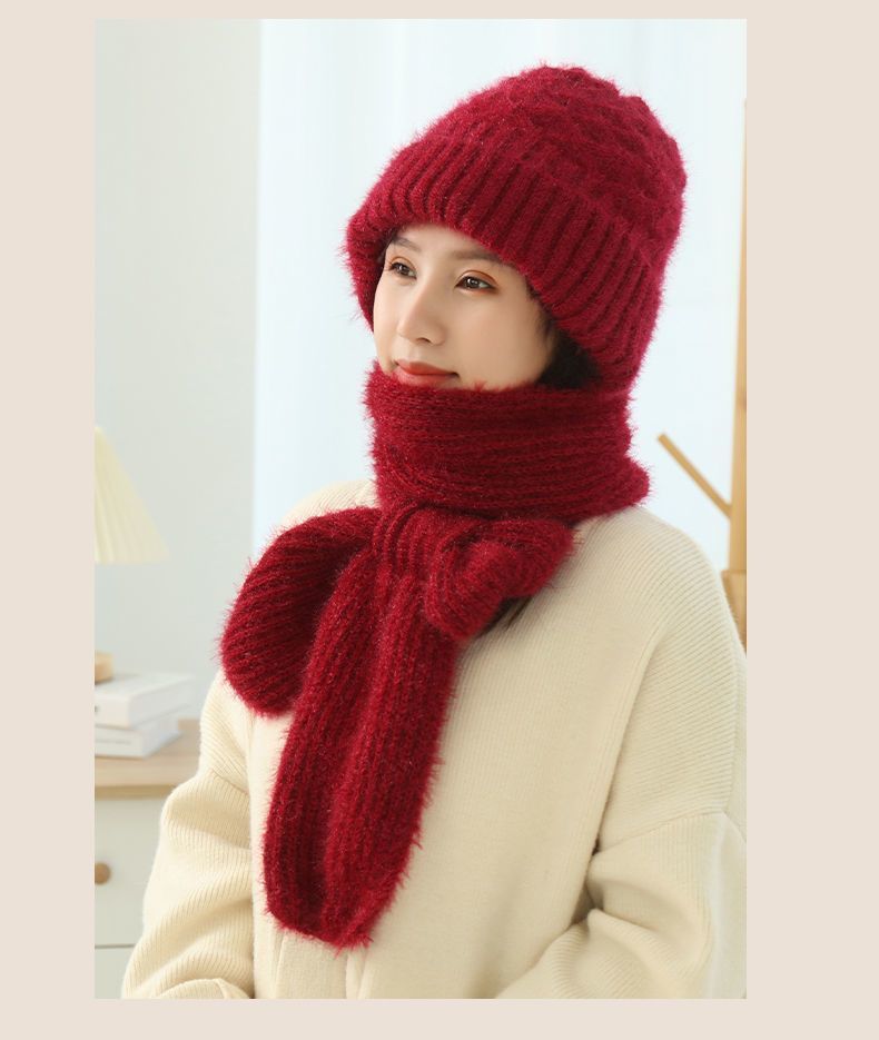 Women's Fleece-lined Scarf And Hat Winter Warm Knitted Hat Scarf EHAD +