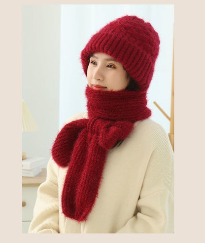 Women's Fleece-lined Scarf And Hat Winter Warm Knitted Hat Scarf EHAD +