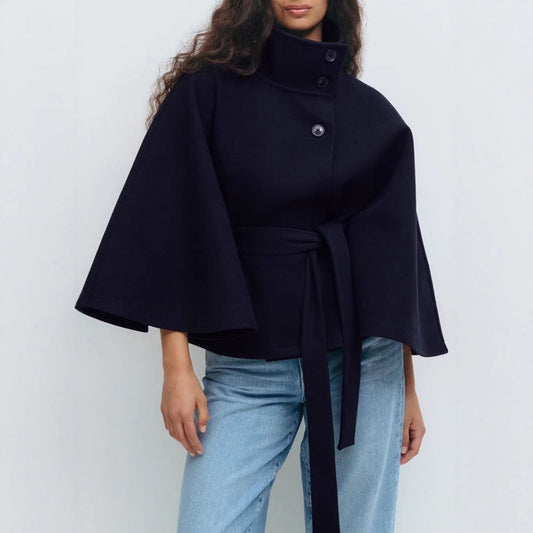 Winter High Neck Batwing Sleeve Coat With Belt Fashion Loose Elegant Button Top Trench Coat For Women Clothing EHAD +