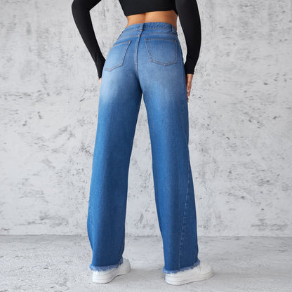 Fashion Straight Wide-leg Jeans Casual High-waist Non-elastic Womens Clothing EHAD +