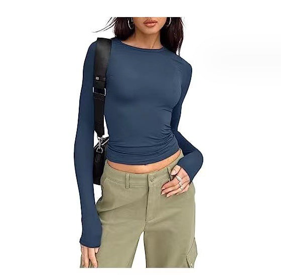 Women's Clothing Fashion Slim Long-sleeved Pullovers Tops Solid Causal Fit Shirts EHAD +