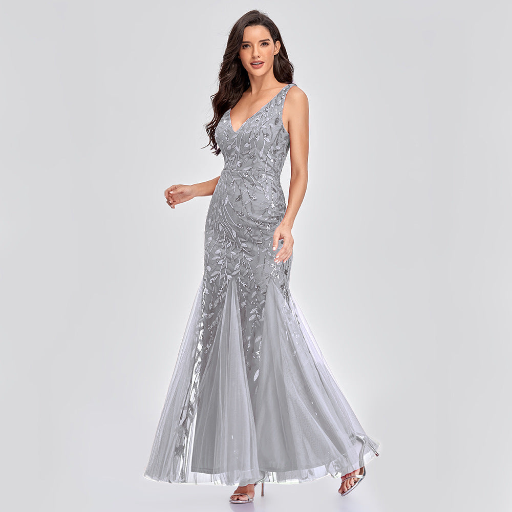 Sexy Long Dress Sleeveless V-neck Embroidered Sequin Slim Mermaid Dress EHAD +