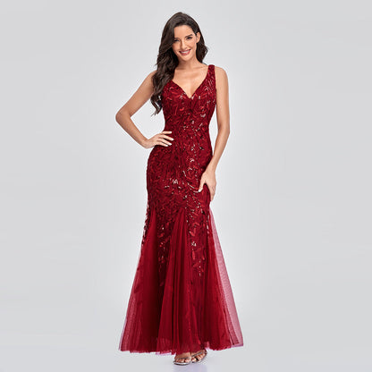 Sexy Long Dress Sleeveless V-neck Embroidered Sequin Slim Mermaid Dress EHAD +