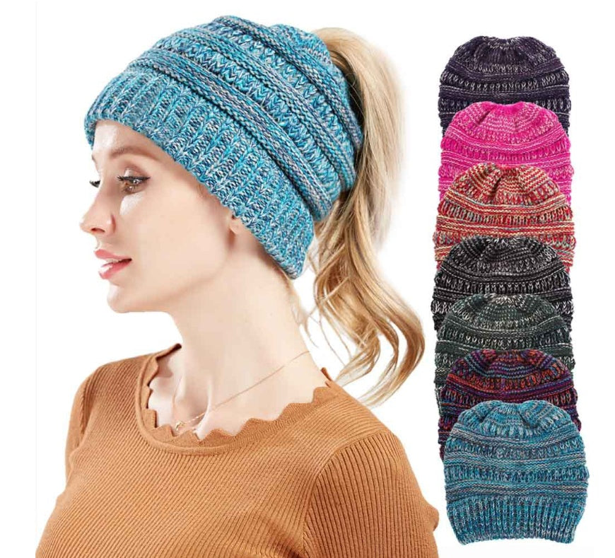 Mixed Color Knitted Wool Hat Ladies Non-labeled Ponytail Hat EHAD +