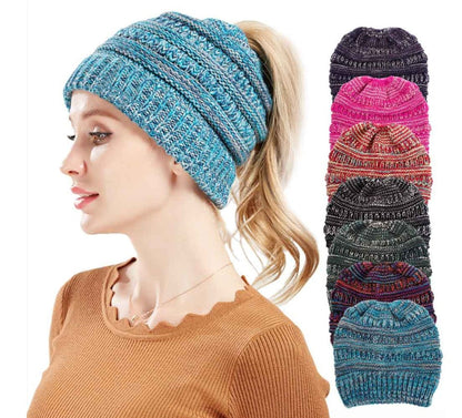 Mixed Color Knitted Wool Hat Ladies Non-labeled Ponytail Hat EHAD +