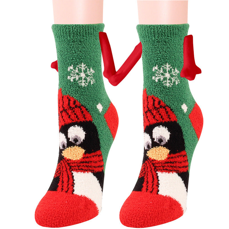 Christmas Supplies Magnetic Suction Hand In Hand Couple Socks Coral Fleece Tube Socks Warm Slipper Bed Socks Winter Soft Warm Slipper EHAD +
