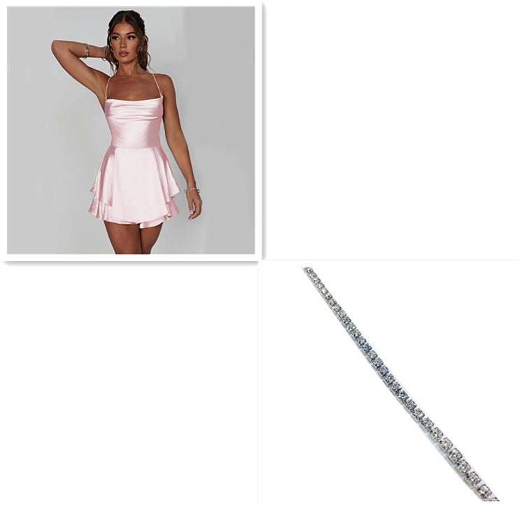 Sexy Suspender Skirt For Women Elegant Slim Strap Satin Backless Lace Up A-Line Short Dress Lady EHAD +