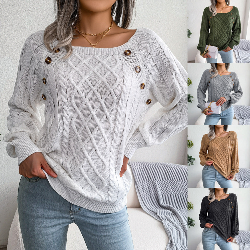 Square Neck Knitted Sweater With Button Design Winter Warm Long Sleeve Tops Women's Clothing EHAD +