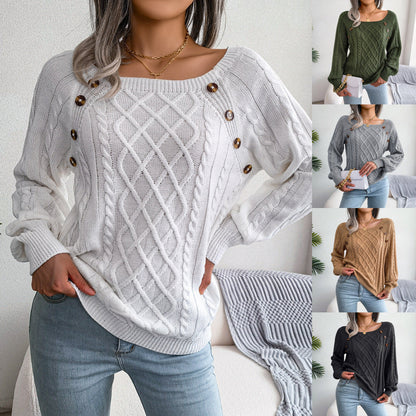 Square Neck Knitted Sweater With Button Design Winter Warm Long Sleeve Tops Women's Clothing EHAD +