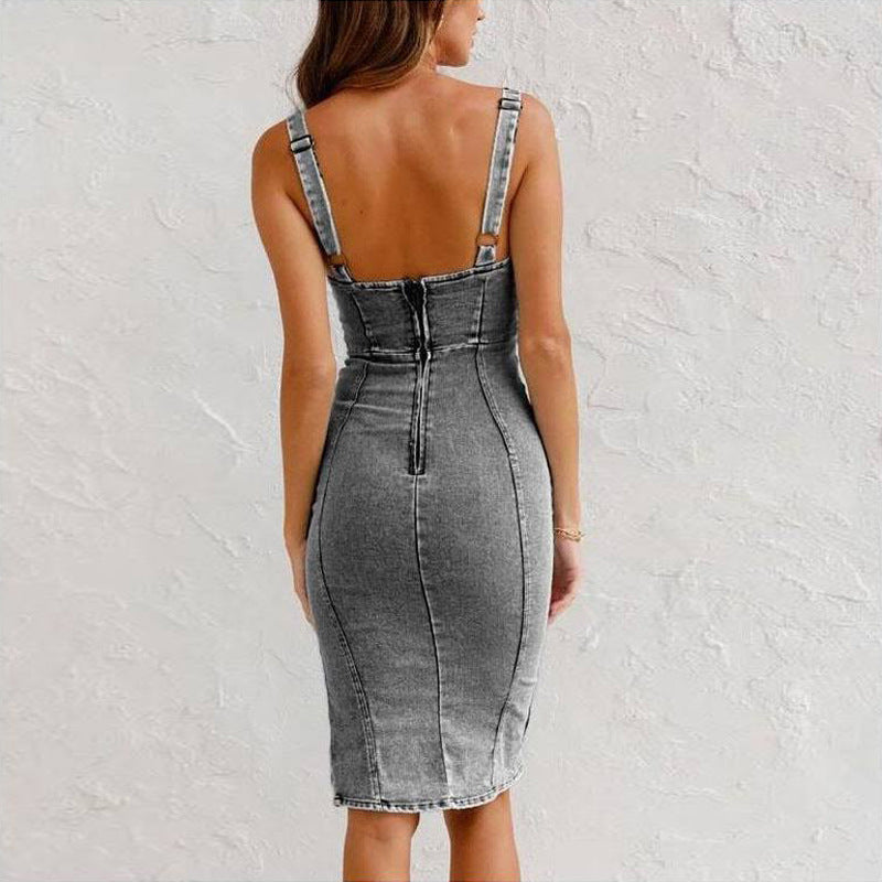 New U-neck Suspender Denim Dress Summer Casual Tight Slim Fit Dresses With Slit Design Womens Clothing EHAD +