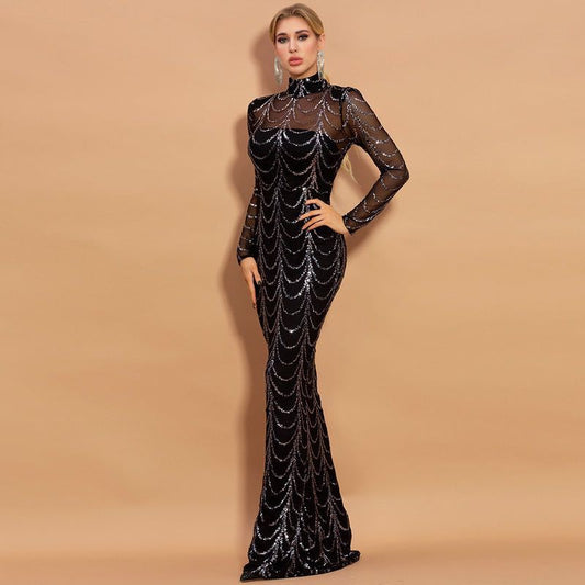 Sequins Women Maxi Dresses Long Sleeve Female Party Dresses EHAD +
