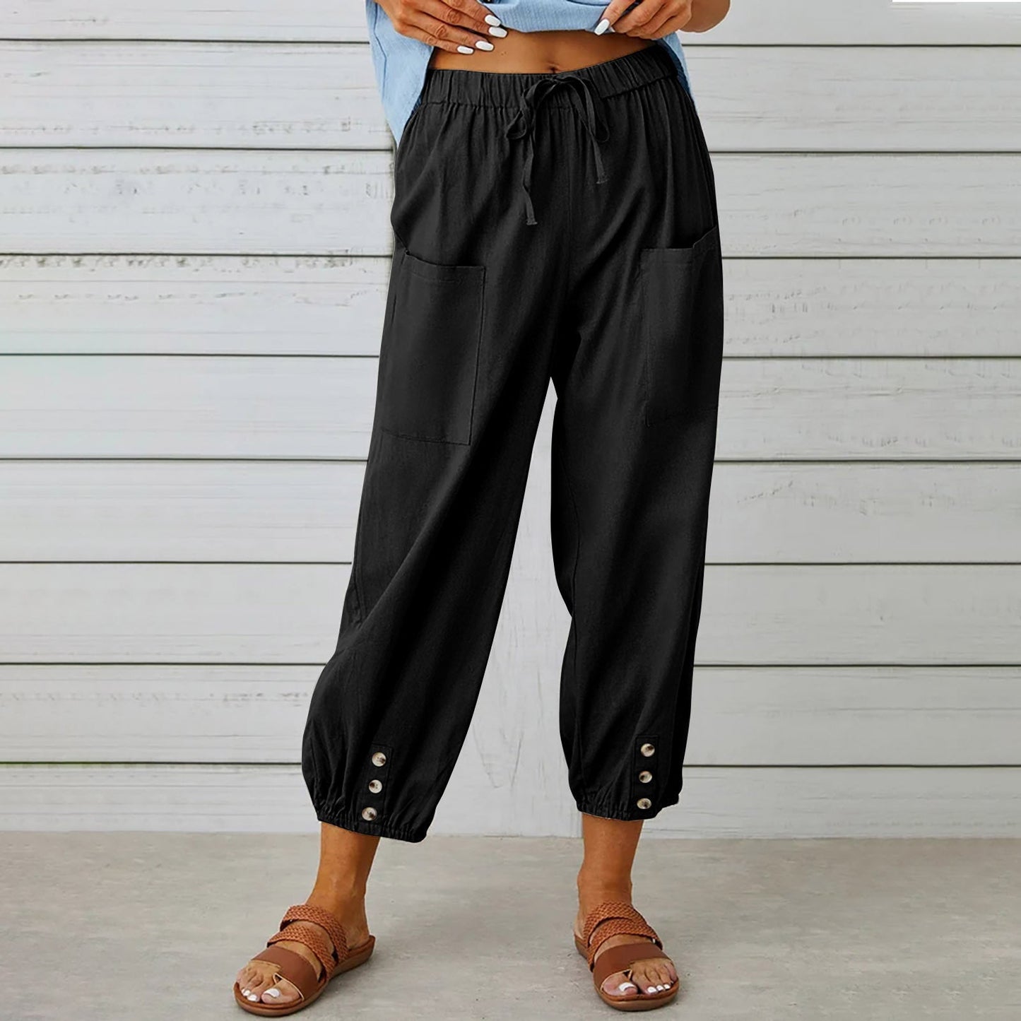 Women Drawstring Tie Pants Spring Summer Cotton And Linen Trousers With Pockets Button EHAD +