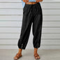 Women Drawstring Tie Pants Spring Summer Cotton And Linen Trousers With Pockets Button EHAD +