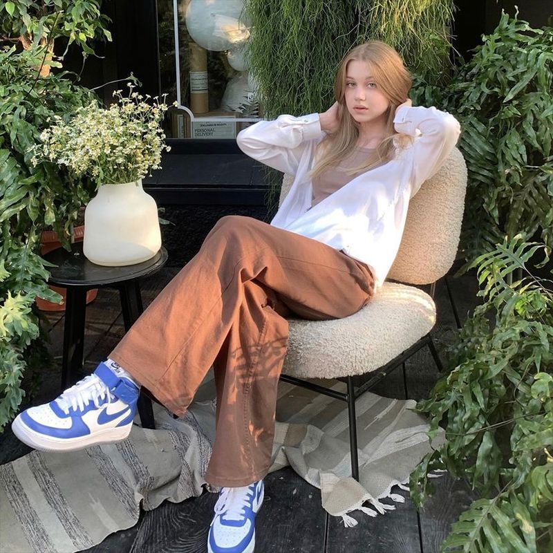 Brown Jeans Retro American Solid Color Looks Thin EHAD +