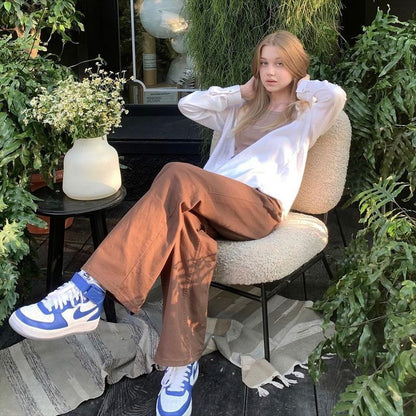 Brown Jeans Retro American Solid Color Looks Thin EHAD +