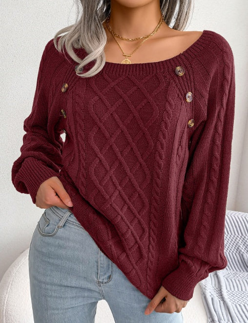 Square Neck Knitted Sweater With Button Design Winter Warm Long Sleeve Tops Women's Clothing EHAD +