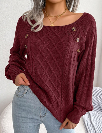 Square Neck Knitted Sweater With Button Design Winter Warm Long Sleeve Tops Women's Clothing EHAD +