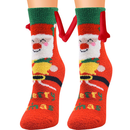 Christmas Supplies Magnetic Suction Hand In Hand Couple Socks Coral Fleece Tube Socks Warm Slipper Bed Socks Winter Soft Warm Slipper EHAD +